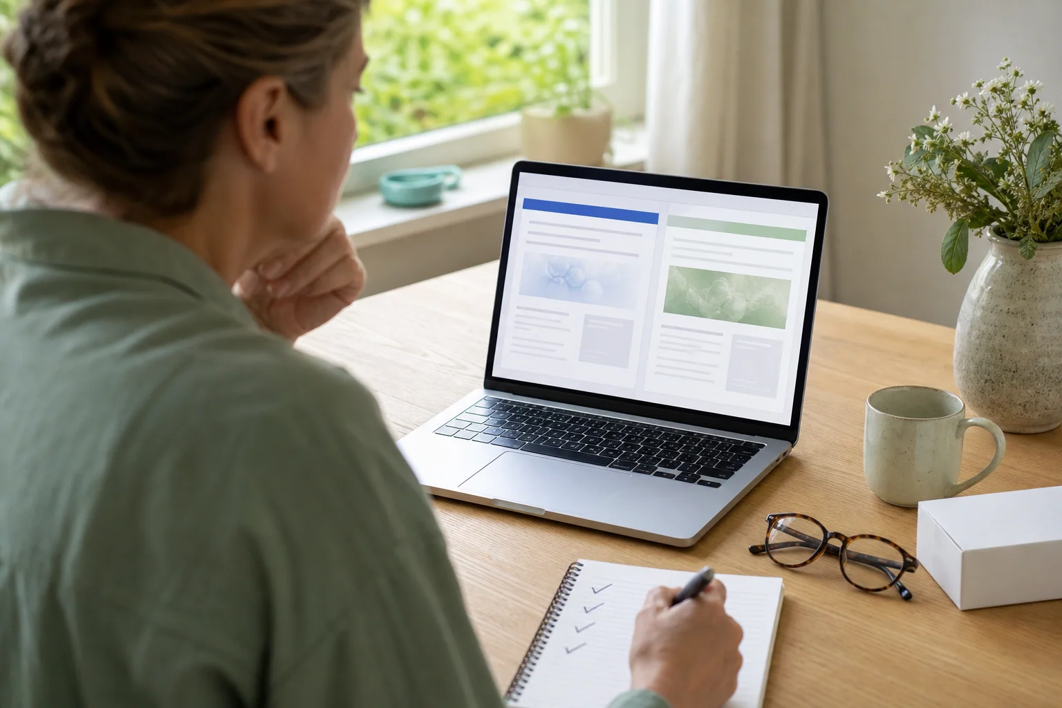 Gezondheidsinformatie zorgvuldig vergelijken op laptop en in notities
