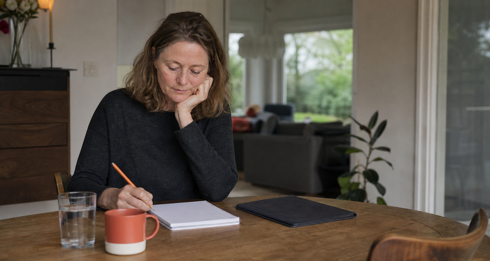 Een vrouw schrijft thuis vragen op voor een zorggesprek
